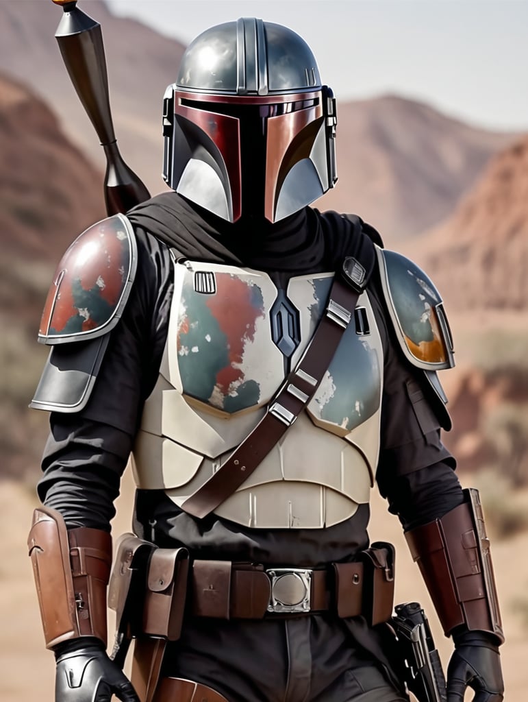 Mandalorian armor with heavy shoulder pads and a custom helmet, a bandolier, sword on back. black helmet visor and using a mismatched color scheme