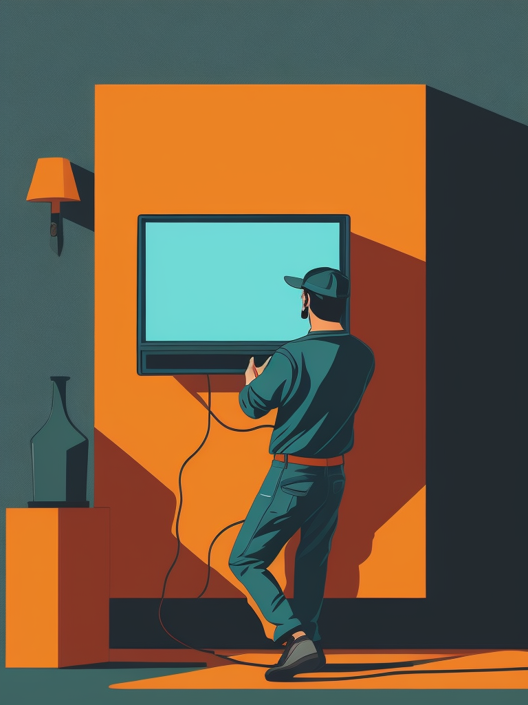 Minimalistic line art, a repair man installing a tv to a wall in a home, 2d, flat colors, shadowless