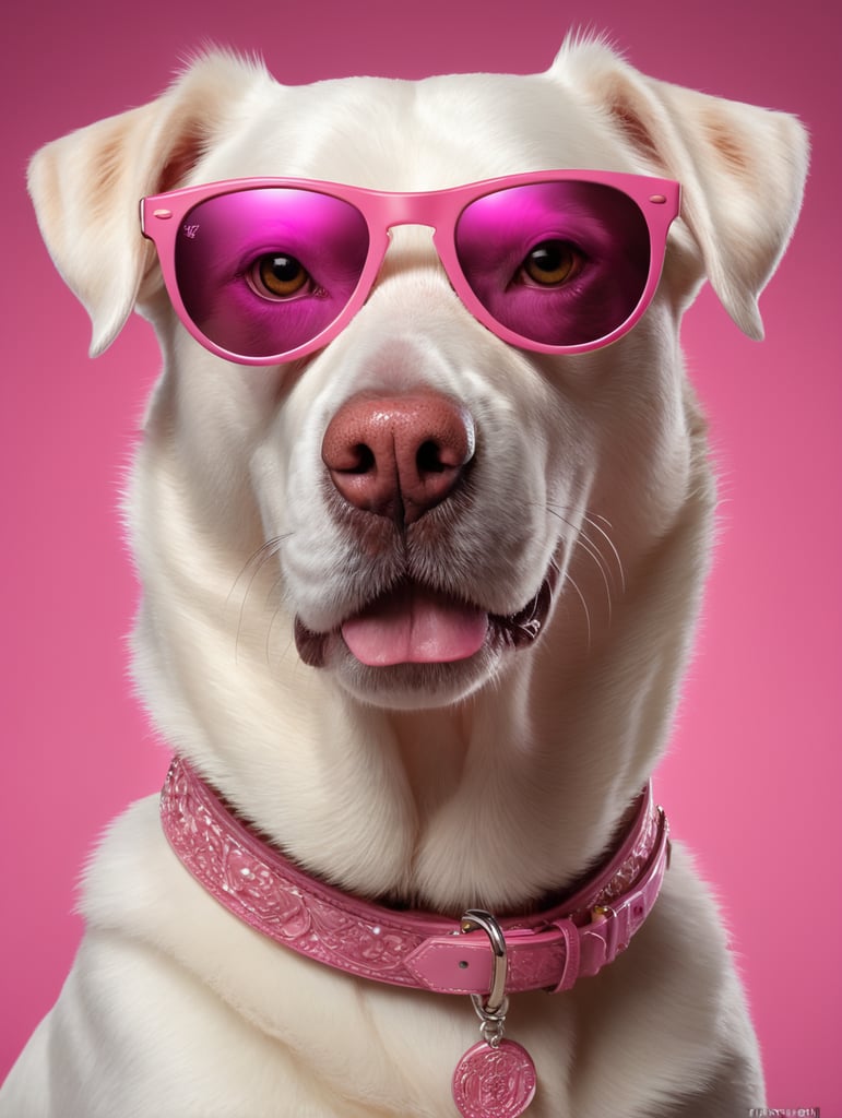 portrait of a white dog, wearing pink sunglasses, pink background, bright colors