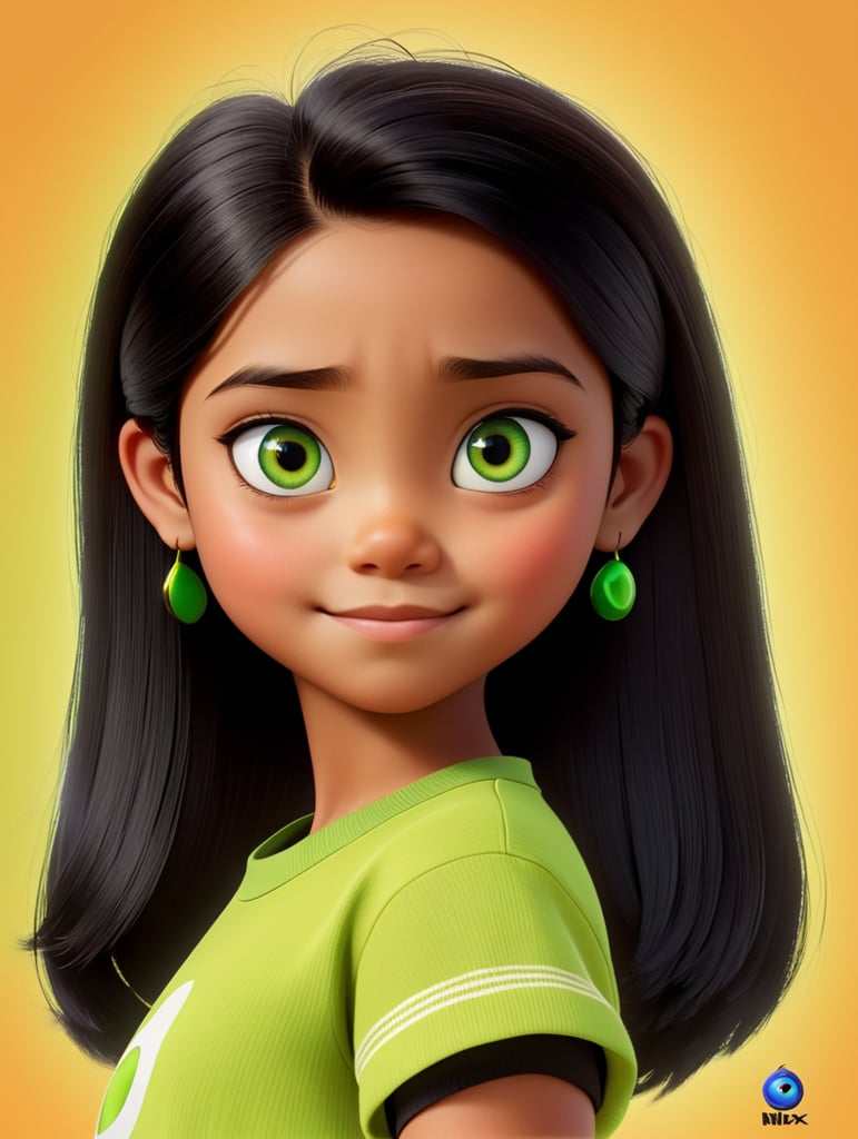 A Disney Pixar-inspired movie poster with title "nik.rdn" , black hair,one eye is green and the other is brown , girl, short hair, 13 years old , bright skin , black clothes