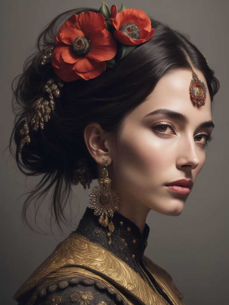 Giuseppe Scuderi, ultrafine detailed painting of a woman with an opium poppy flower in hir hair, whimsical, detailed painting