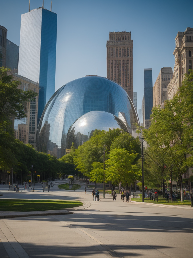 Chicago Millennium Park, Cloud Gate, Green trees, Skyscrapers in the background, Vibrant colors, Deep colors, Contrast lighting, Sunny day, High detail, Sharp details