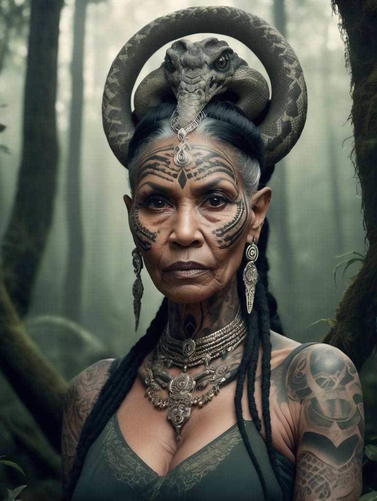 A voodoo old woman with facial tattoos and big snake on his neck