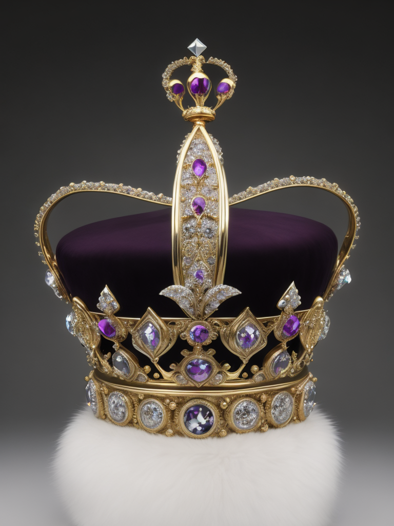 St. Edward’s Gold Crown adorned with gems, Purple velvet, White fox fur, Gray gradient background, Incredibly high detail, deep & bright colors, contrast light