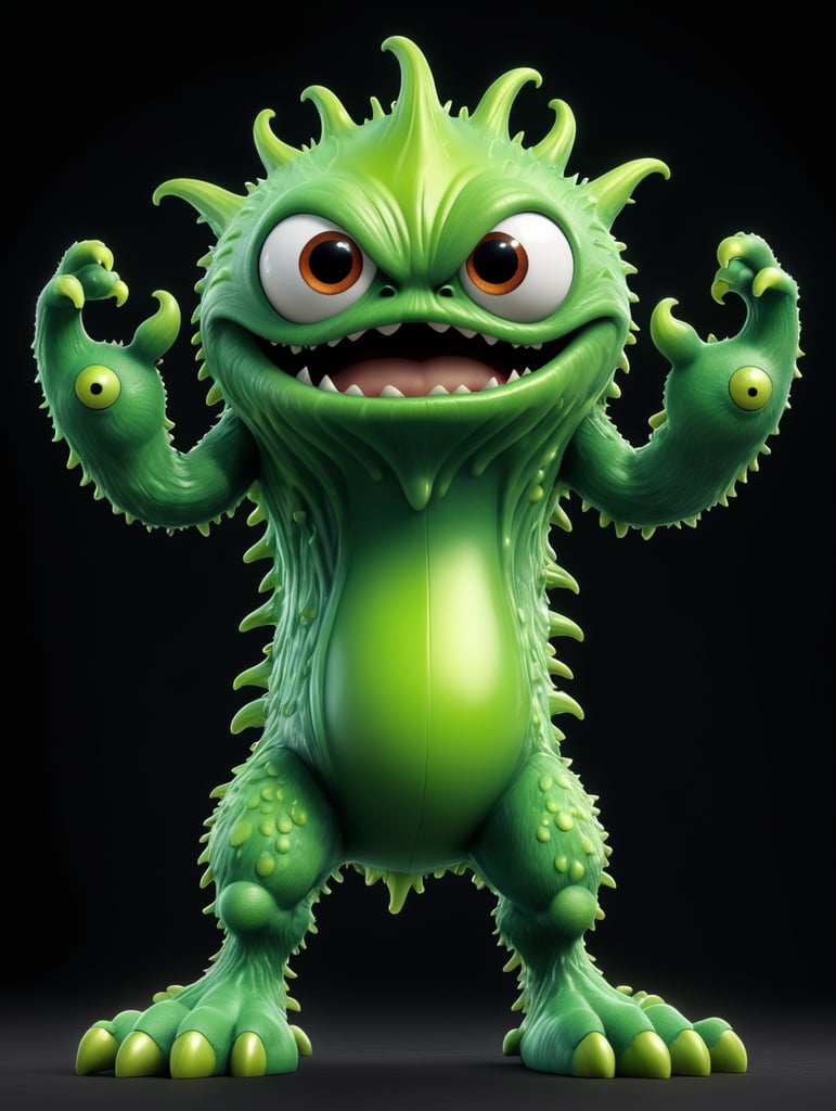 Fierce green monster that looks like a large microbe organism with smooth complexion, standing in front of a pure black background with arms raised high.