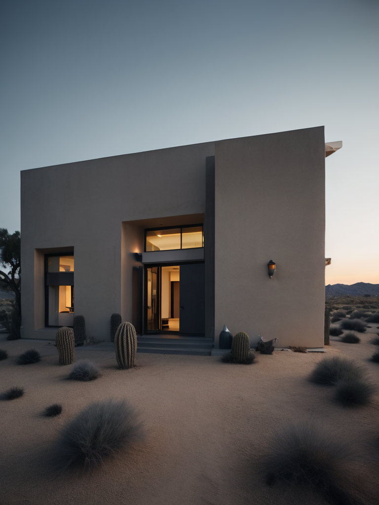 An architectural rendering of a minimal, geometric, curved, sculptural, stucco textured, tan desert abode, sand and clay facade with small carved window openings, wood accents, arched glass door opening, cactus, tumble weed, artificial lighting, desert landscaping, outdoor camp fire, located in Arizona during twilight, hazy horizon