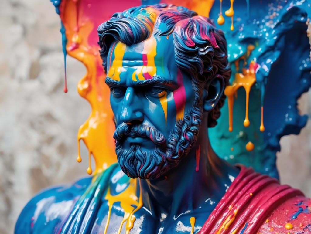 greek male bust with colorful paint, melted, the paint is flowing, aesthetic background