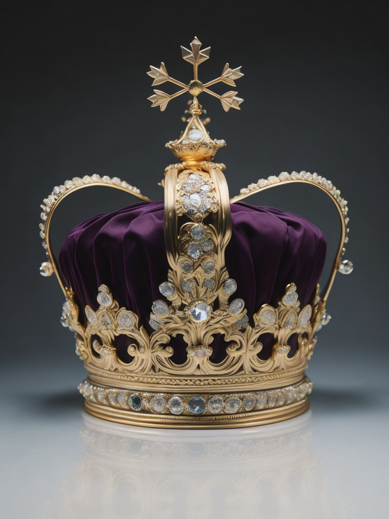 St. Edward’s Gold Crown adorned with gems, Black gradient background, Incredibly high detail, deep & bright colors, contrast light