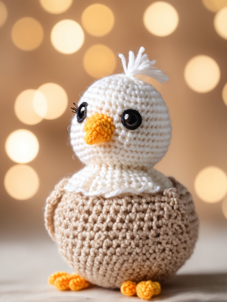 Stock photo, crocheted Amigurumi chick, studio photo, white and beige shades, bokeh, 32K, Sony Alpha a7R IV and 50mm f 1.4