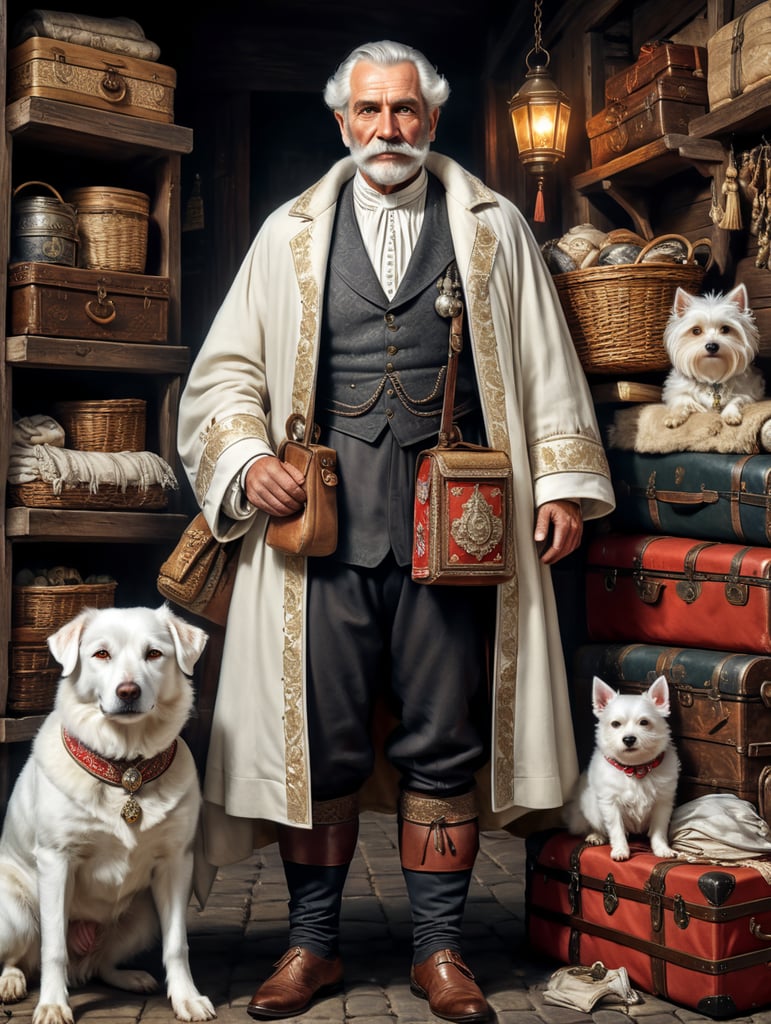 Retro poster of an old Austrian traveler with a white dog, dressed in traditional Austrian clothes, behind with things