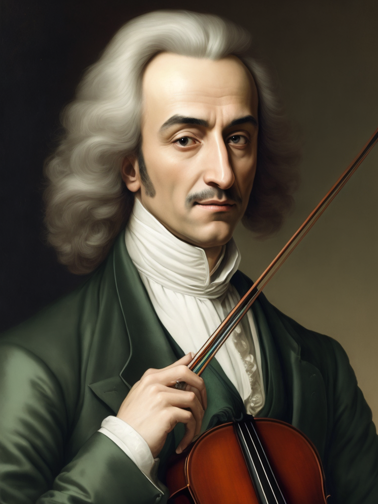 Antonio Lucio Vivaldi with a violin, in a 18th century green suit, Detailed image, detailed face,
