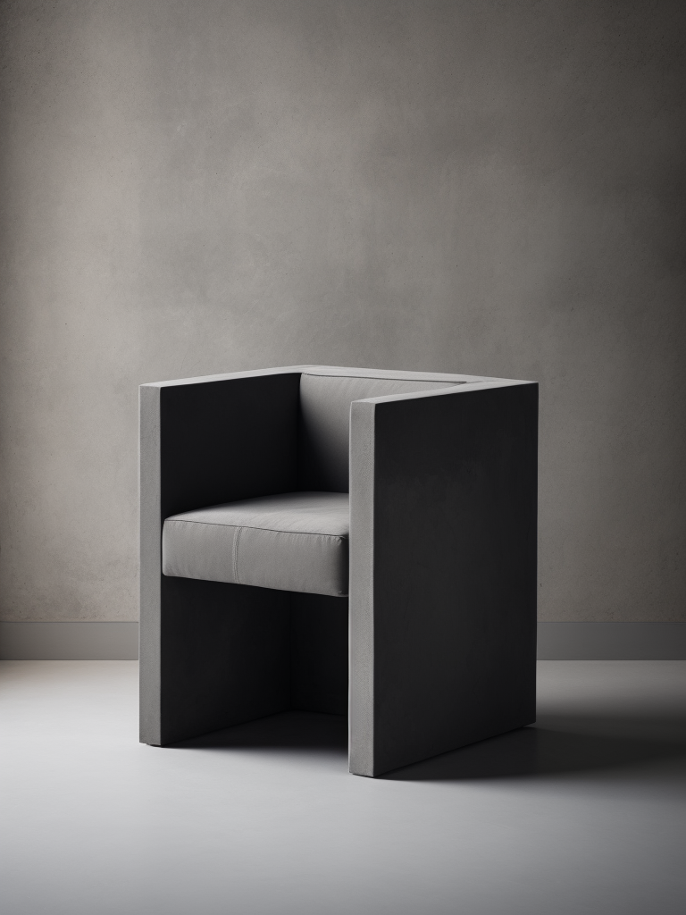 a chair made from concrete, modern design, flat shape, cube, grey background, modern art, everythink dark grey