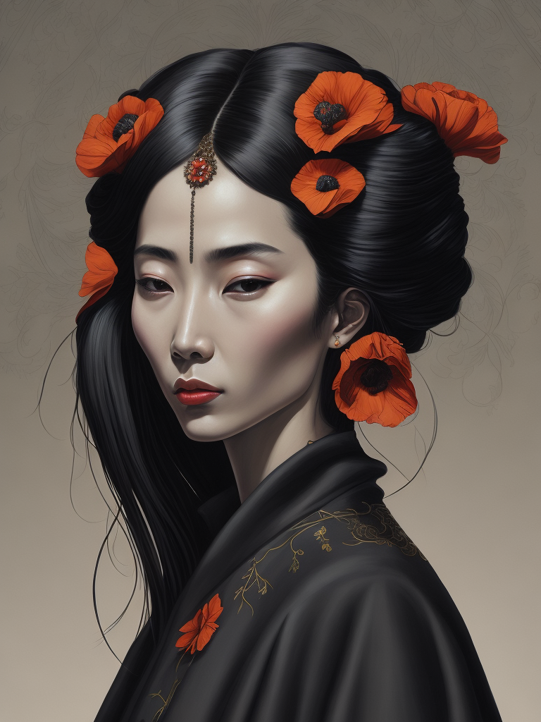 Hiroshi Nagai, ultrafine detailed painting of a woman with a n opium poppy flower in her hair, whimsical, detailed painting