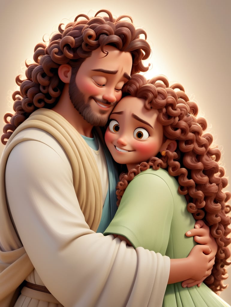 Curly girl hugging Jesus
