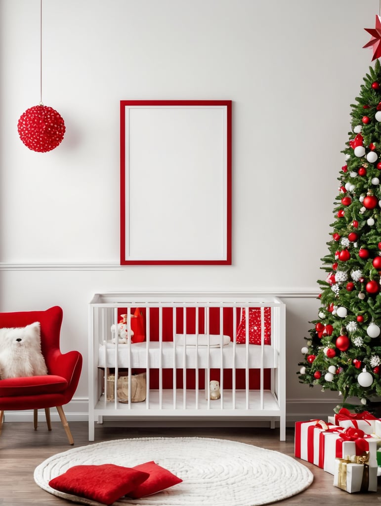 vertical frame wall mockup, white nursery with christmas decorations in red, white, green, and christmas lights