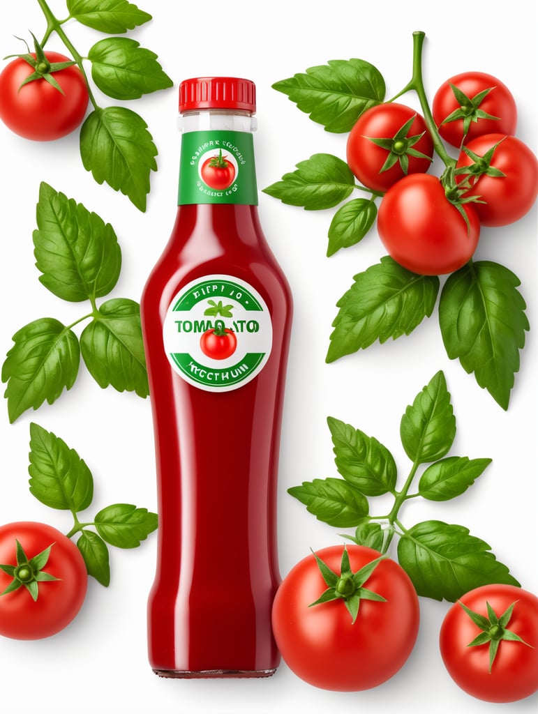 tomato ketchup bottle, red tomato with green leaves, isolated, white background