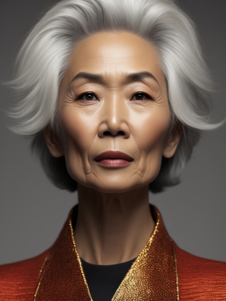 A 50yr old Chinese supermodel with classic Chanel make-up and beautifully styled volume hair, beautiful pores and skin texture, detailed high resolution image, grey hair, Dior makeup, award winning fashion editorial image, soft lighting, gentle expression, she is content with her age