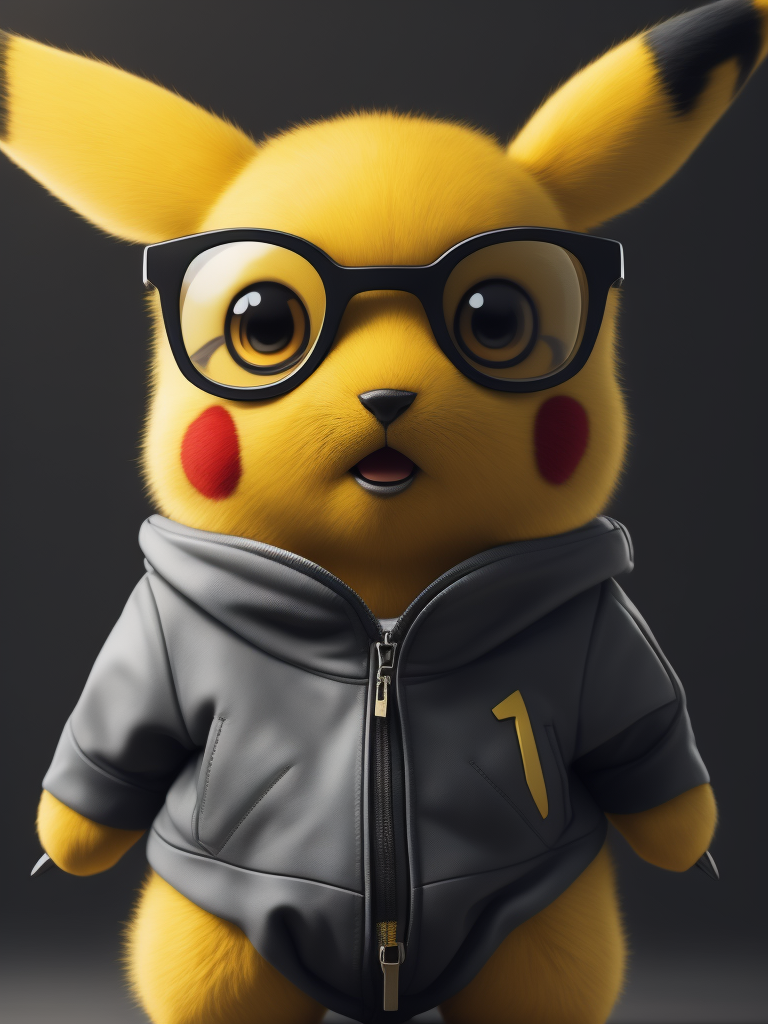 cute stylish Pikachu dressed in stylish futuristic sportswear clothes, big sneakers and a futuristic glasses