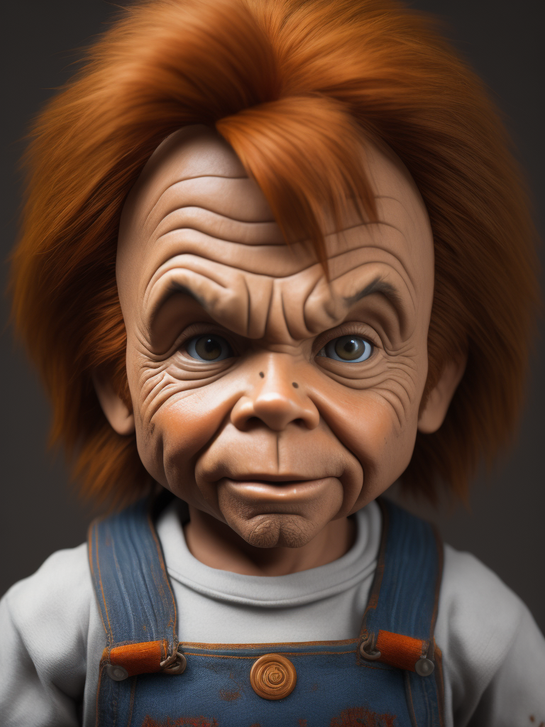 Chuck Norris as an evil Chucky doll, evil smile, Chucky Norris bright and saturated colors, highly detailed, sharp focus, Dramatic Lighting, horror movie atmosphere