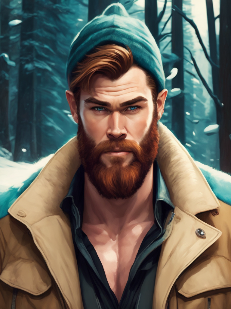 Portrait of Chris Hemsworth as a Canadian lumberjack, with a large beard and a plaid shirt, against the backdrop of a dense forest, bright saturated colors, Contrasting cinematic light