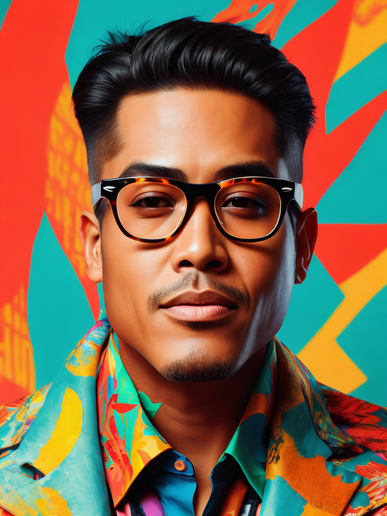 Hawaiian singer wearing a brightly patterned jacket and wayfarer glasses, Vivid saturated colors, Contrast color