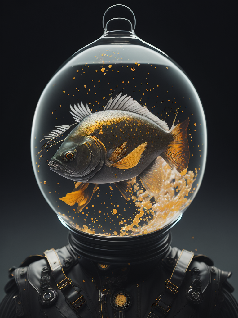 Surreal portrait, Cybernetic Biotech Peace Keeper with a fishbowl head with goldfish inside, biotech gear, armor made of bioluminescent black liquid mercury dripping upwards, cape flapping in the wind, cinematic lighting, Moebius and Pierre Soulages, hyperrealism, vibrant fantasy sci-fi realism, high-contrast