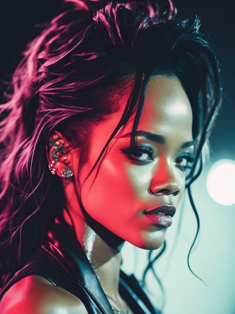 Singer Rihanna sings at a concert, spotlights, bright lights, Vivid saturated colors, Contrast light, professional photo, Detailed image, detailed face,