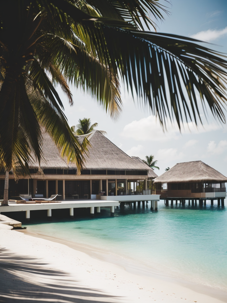 Over water villa in the maledives with the sun shining and some palms