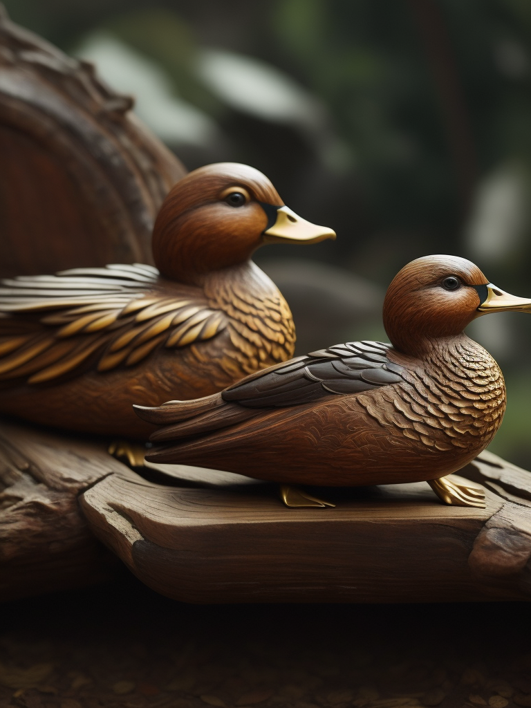 a deep carved wooden duck, sharp on details