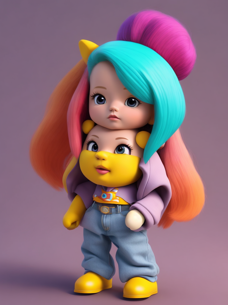 Cute 3d character, korean fashion, colorful hair, blender render, y2k, art toy, creative