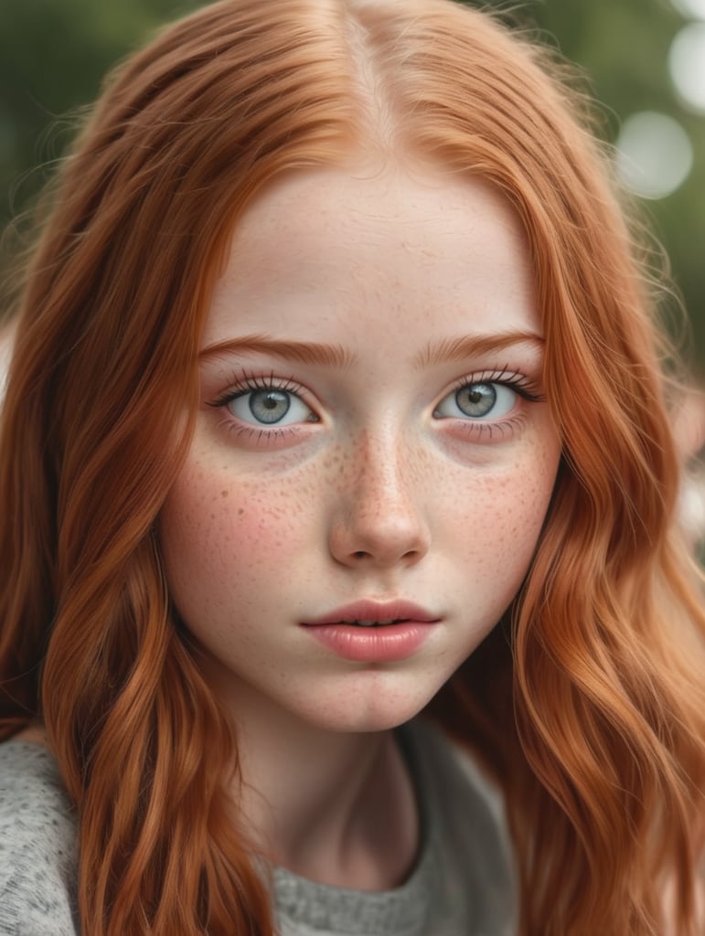 15 years old redhead girl with many freckles, gray eyes, full lips