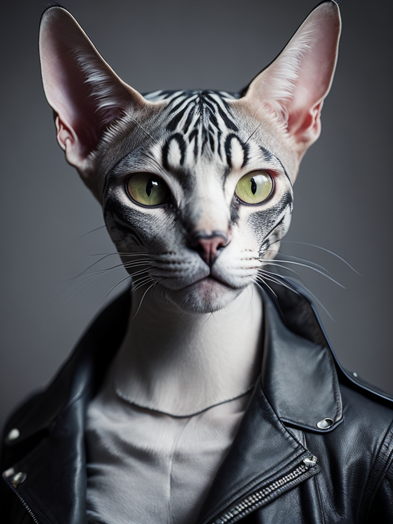 bold white sphynx cat with tattoos wearing a black biker leather jacket