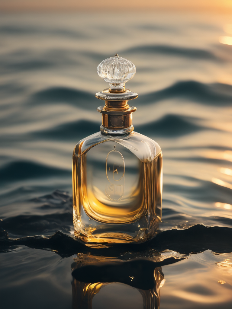 A delicate and noble glass perfume bottle was placed in the middle of the water，The sunlight asperses full, on the water flutters falls ，the petalhas ，the dewthe crystal ，clear feelingthe warm color tone,Headshot Center，the composition，Hyper，realistic style，realistic，photography，high detailhigh quality，high resolution，8k