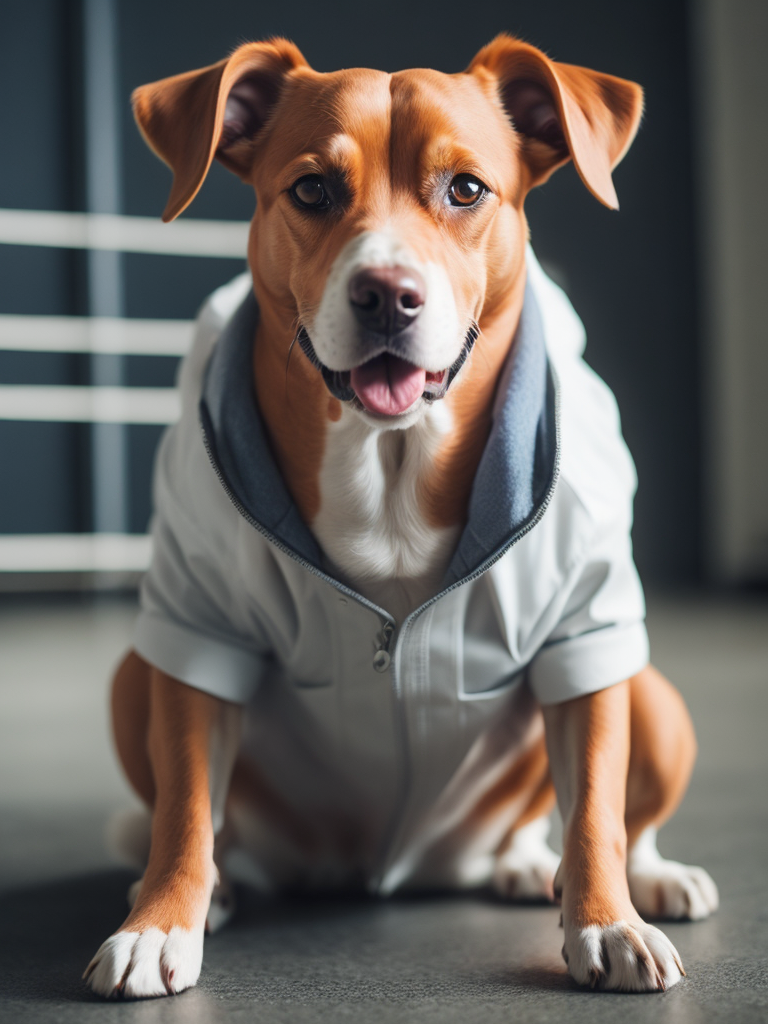 собака рыжая с белым черный нос стоит на задних лапах в джинсовом пиджаке бейсболке