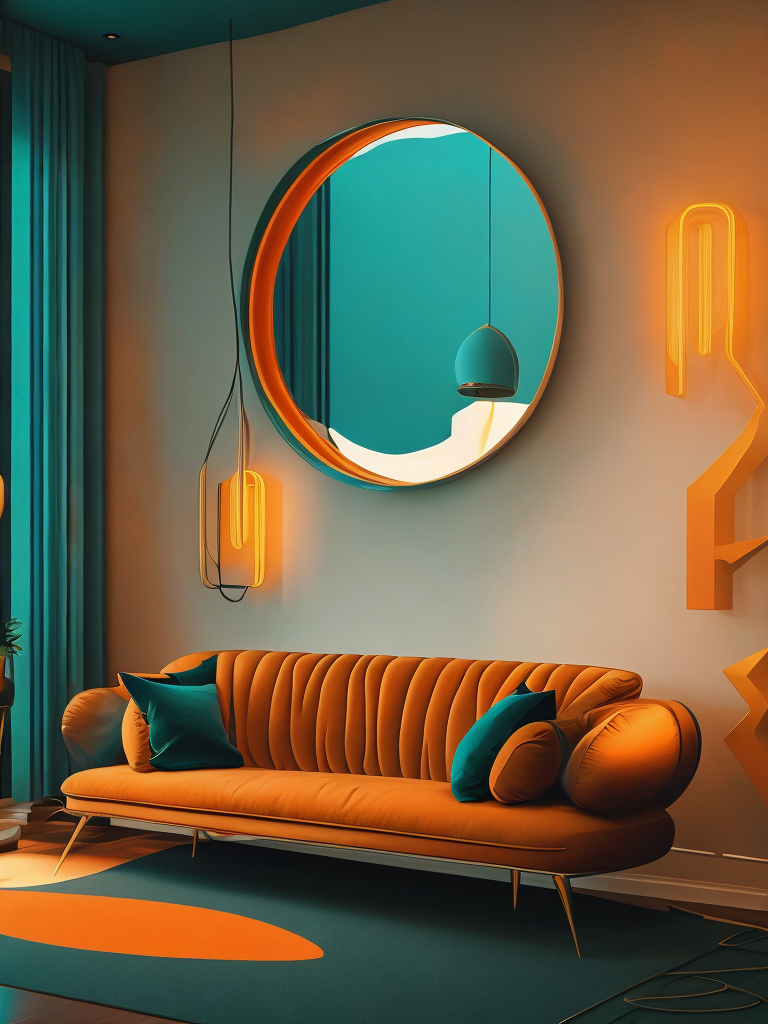 The colorful living room features a colorful sofa in the style of curved mirrors, bold, cartoonish lines, neoclassical style, Filip hondas, moody color schemes, postmodern bricolage, sculptural aesthetics, dark cyan, and light amber