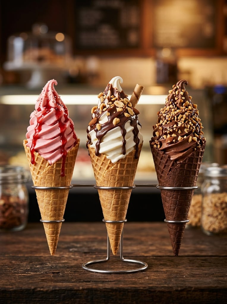 three soft serve waffle cones arranged centrally, left cone featuring pink swirl and red syrup, center white cone with chocolate drizzle and chopped nuts, right chocolate cone sprinkled with nuts, deep background, commercial food photography, macro studio lighting, glossy textures