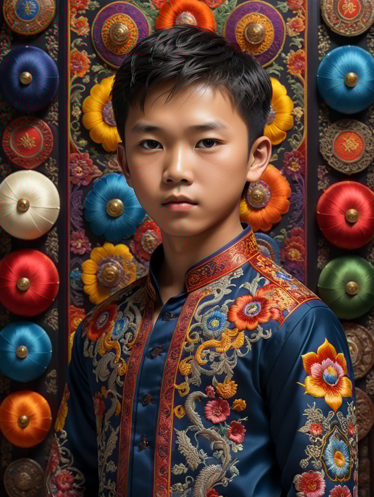 A young Chinese boy stands proudly in his traditional embroidered shirt, surrounded by vibrant colors and intricate patterns. The 8K Ultra HD resolution captures every detail of his outfit, from the delicate stitching to the rich textures. With the use of octane render, this 3D image comes to life in a stunning isometric view.