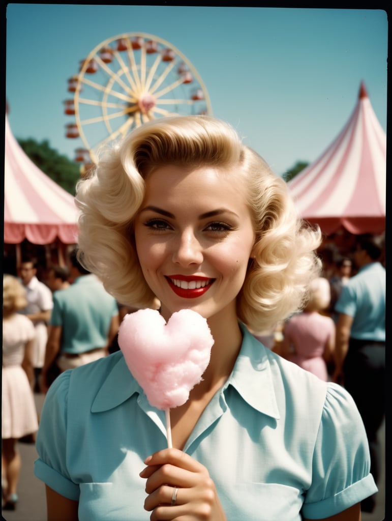 a beautiful woman holding cotton candy at a carnival in the shape of a heart, polaroid, high quality, 1950s vacation, 1950s hairstyle and clothes, blonde hair