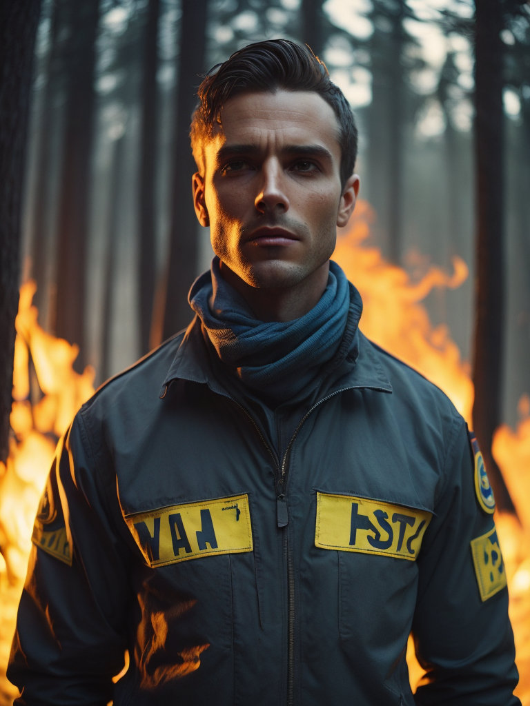 epic portrait of a Firefighter, close-up, forest fire, British Columbia Wildfire, Canada, smile on his face