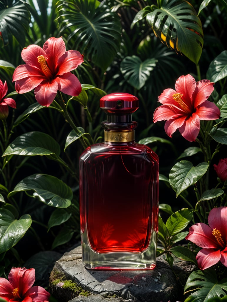 an ad shot of a plain perfume red bottle in a tropical setting with lots of flowers in a summer setting, professionally color graded, award-winning image