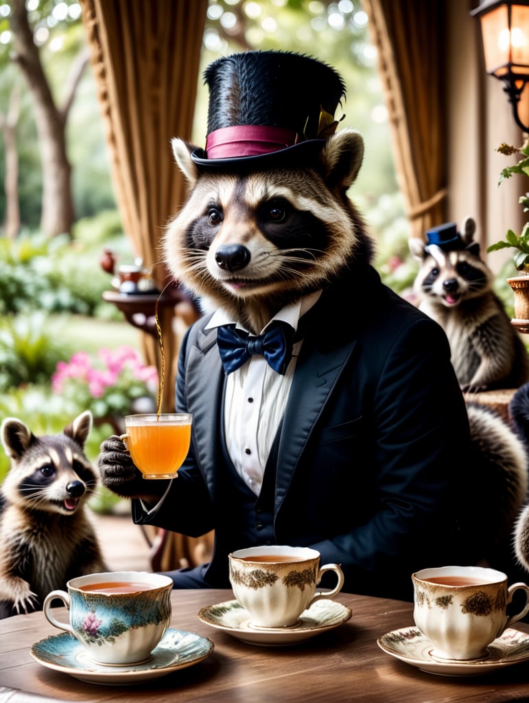 A raccoon having a tea party in wonderland