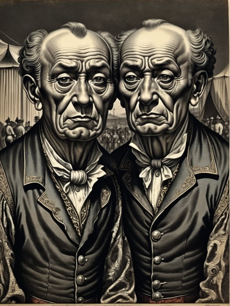 An old engraving by Hendrick Goltzius, postcard illustration, full body portrait, very old and sad siamese twins, standing alone in front of a circus tent