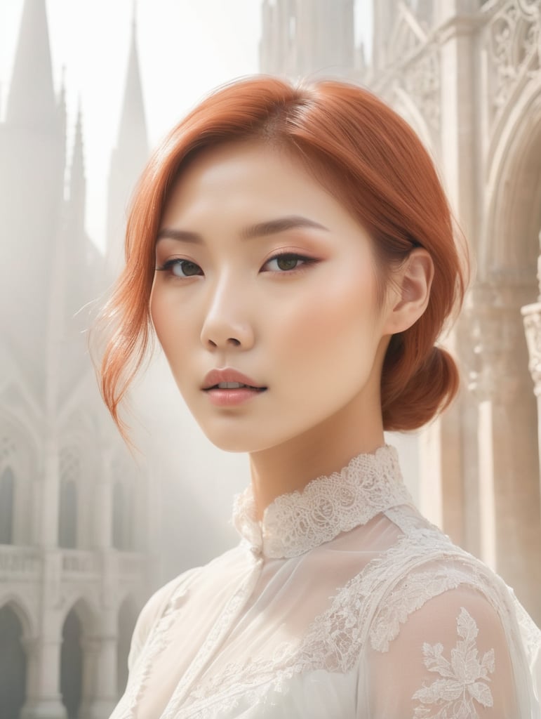 Portrait of beautiful asian fashion model with pale red hair, ethereal dreamy foggy, photoshoot by annie leibovitz, editorial fashion magazine photoshoot, fashion poses, in front of gothic cathedral architecture. kinfolk magazine. film grain. a soft smile