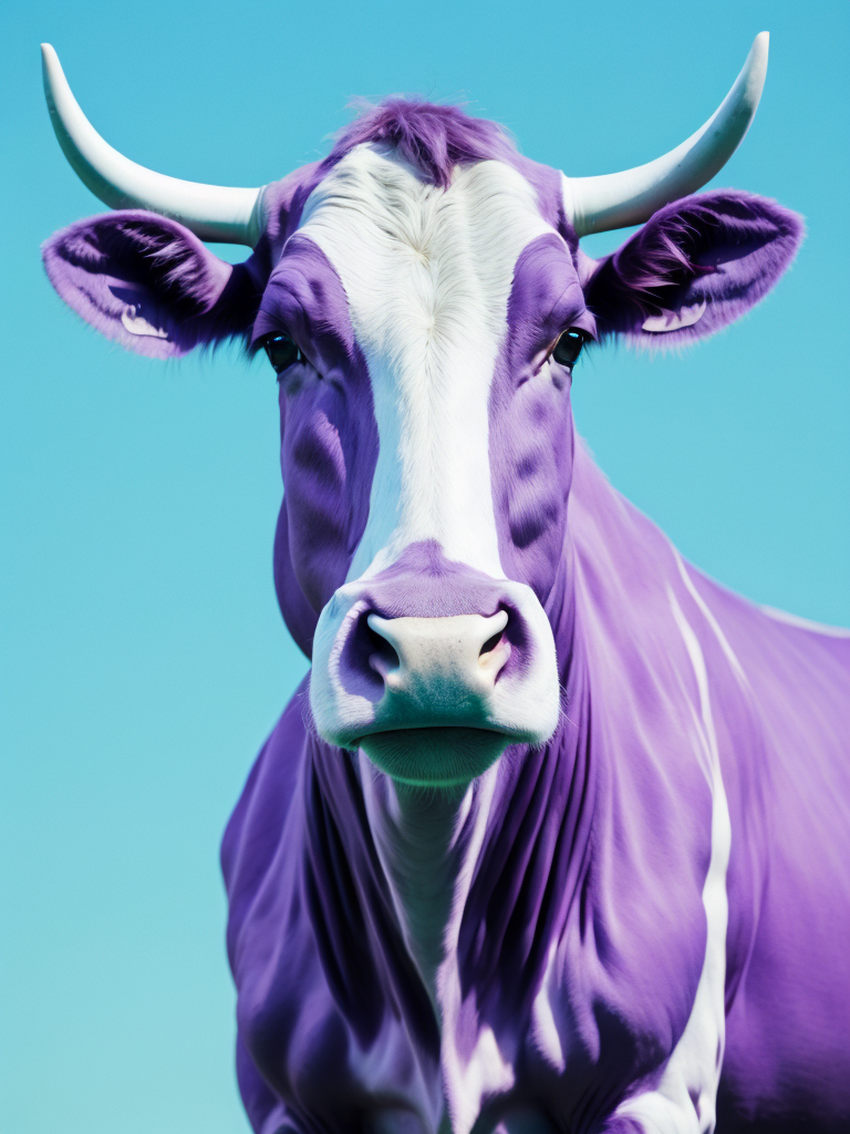 Purple Cow Portrait, Sharp Details, Cow Focus, Bright colors, Cyan Gradient Background