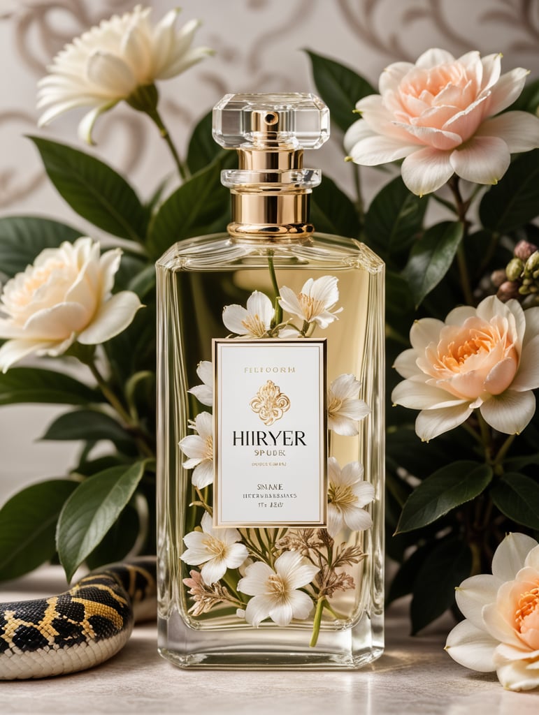 Floral background with modern perfume bottle with blanc white label and snake wrapped around the bottle