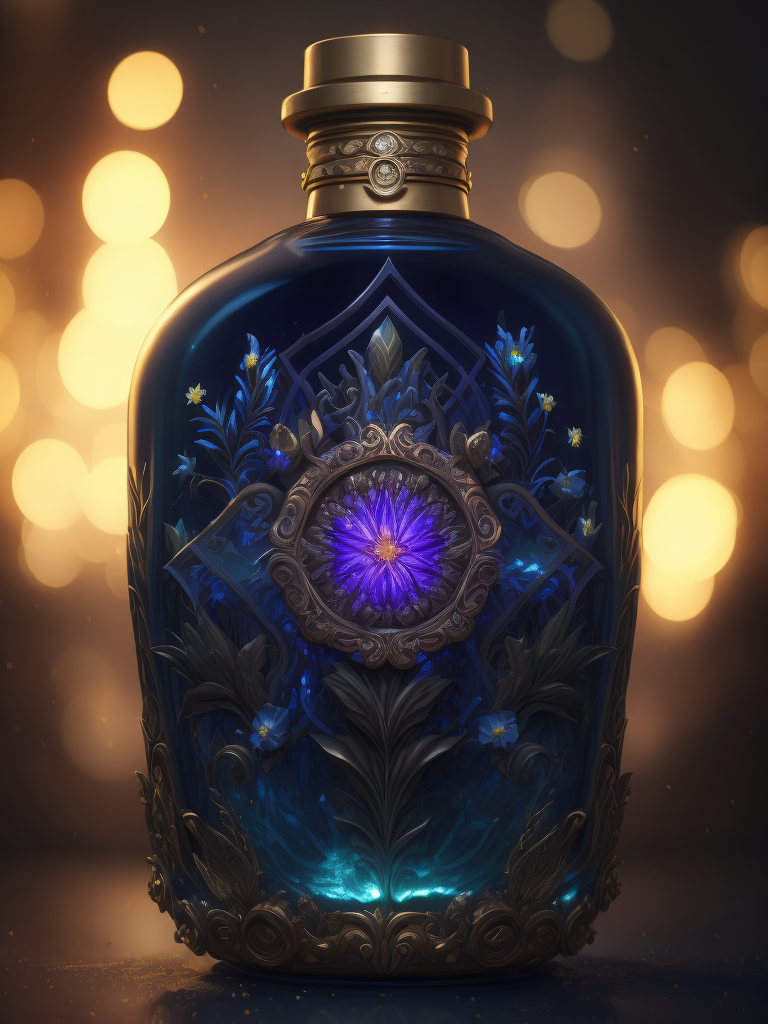 Magic elixir bottle with illuminated liquid, carved glass, decorated with flowers and gems, fairy atmosphere, illumination, dark blue color, smoke