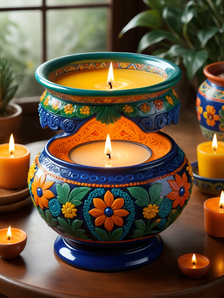 Create an image representing "Isabel's Arte Velas," a candle collection inspired by Mexican art and culture. Picture a candle displayed in a hand-painted vessel resembling Talavera pottery, adorned with intricate patterns in cobalt blues, saffron yellows, and emerald greens. The vessel exudes the warmth of sunlit terracotta, capturing the essence of ancient tales and the vibrant hues of Mexican heritage. Visualize a candle emitting a soft, flickering glow, set against a backdrop evoking the richness of Mexican artistry. Surrounding the candle are motifs reminiscent of Huichol beadwork, weaving a tapestry of cultural fusion. Imagine a garden of scents, with rose-scented candles mingling with the aroma of celestial cinnamon, infusing the air with a captivating symphony of fragrance. Capture the elegance and luxury of Isabel's Arte Velas, where tradition meets innovation. The image should convey a harmonious blend of Mexican influence and sophisticated artistry, paying homage to the legacy of a grandmother and