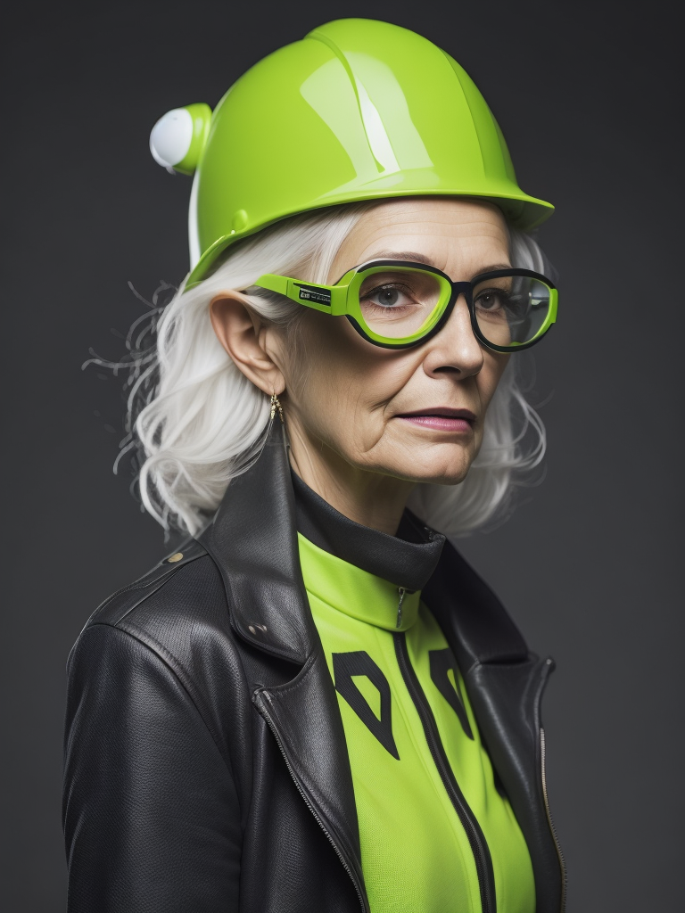 a gnome from fairytale supermodel 76 years old wearing a neon green helmet dressed in athletic clothing and glasses, in the style of futuristic glam, retro futurism, neon green clothing, glasses without color, clear glass, long white hair, teal background, mike campau, anton fadeev, high gloss, mono-ha