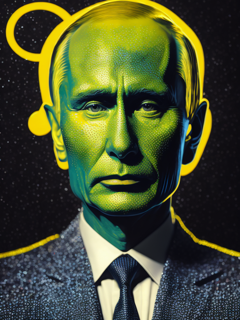 Fine Art Fluorescent Pointillism Sci-fi Surrealism Photography, Futuristic Vladimir Putin, Portrait made of hyper-detailed transparent frosted plastic, Moebius Bernard Buffet, van Gogh, Vermeer, Erin Hanson, Pierre Soulages, National Geographic, textured depth, vibrant fluorescent hyperrealism photo