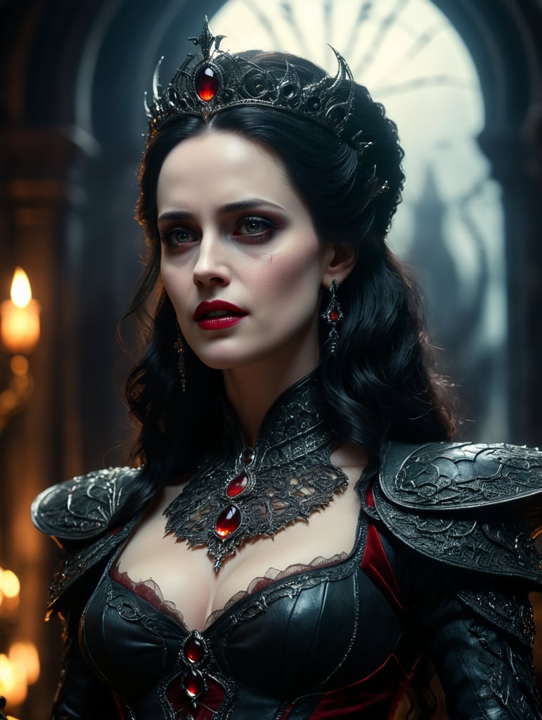 Vampire Queen, backlit, intricate details, highly detailed, slate atmosphere, cinematic, dimmed colors, dark shot, muted colors, film grain, lut, spooky, depth blur, blurry background dof, bokeh, realistic, realistic skin, Eva Green
